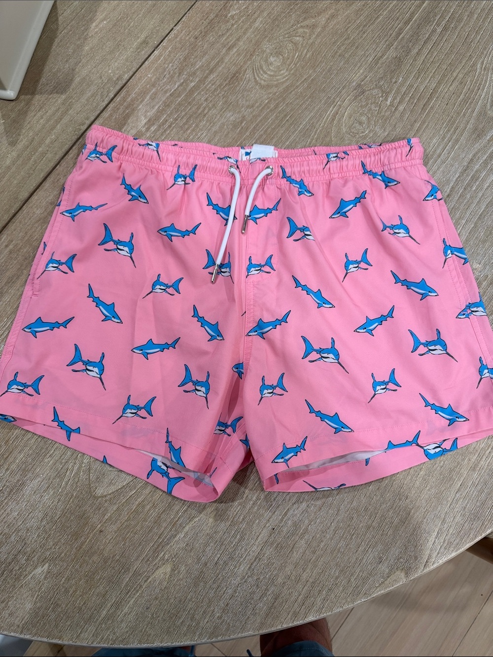 Men's Pink Shark-Print Swim Trunks with Drawstring